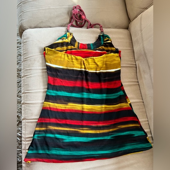 Wet Seal multicolored gorgeous beaded neck halter top with red ties. XL. - Picture 6 of 9